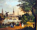 Kaffeegesellschaft an der Alster mit Blick über Lombardsbrücke auf die Stadt – Hamburger Bilderuhr, um 1830