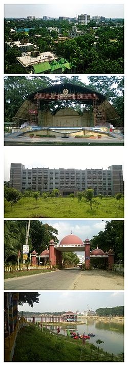 From top to bottom: 1. The city skyline from "Suparibagan"; 2. The Open Stage of Tangail Poura Uddan; 3. Tangail District Court Building; 4. The city gate, Shamsul Huq Toron"; 5. DC Lake at District Headquarters