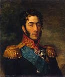 Painting shows a dark-haired man with long sideburns and a determined look. He wears a dark military uniform with epaulettes and a number of medals.