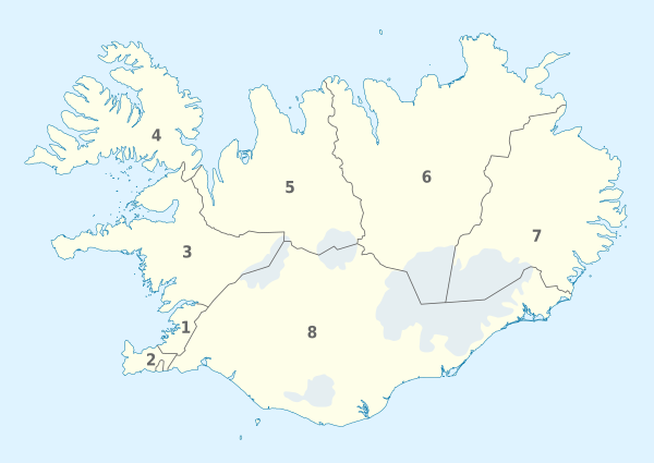 Regio's vaan Iesland. De nommers zien vas mèt de regio's verboonde en correspondere mèt die in de tabel.