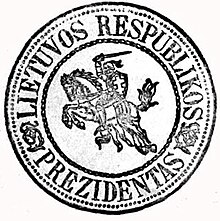 Presidential Seal of the Republic of Lithuania with Vytis (Waykimas), used in 1919-1940.jpg