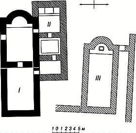 План фундаментов зданий в Судагылане (I — VIII—IX вв., II — VIII—IX вв., III — V—VI вв.)[1]