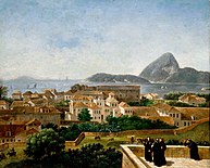 Franciscan friars look at the sea and city landscape from a terrace in Rio de Janeiro, Brazil, c. 1816