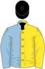 Yellow and light blue (halved), black cap