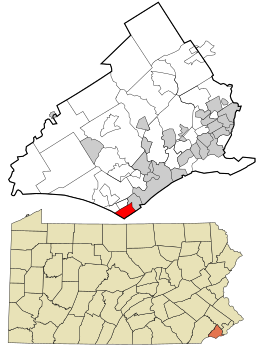 Location of Marcus Hook in Delaware County, Pennsylvania (top) and of Delaware County in Pennsylvania (below)