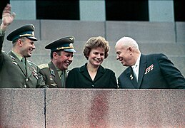 RIAN archive 159271 Nikita Khrushchev, Valentina Tereshkova, Pavel Popovich and Yury Gagarin at Lenin Mausoleum.jpg