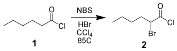 α-bromering van hexanoylchloride.