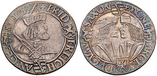 Kurfürst Friedrich III. und die Herzöge Johann und Georg, Gulden (Klappmützentaler) o. J., Mmz. Kreuz (1512–1523), Münzstätte Annaberg