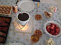 chocolate fondue with waffles and strawberries
