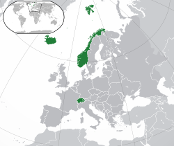 Location of the EFTA (green) in Europe (green & dark grey)