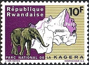 Ruandische Briefmarke von 1965 zum Akagera-Nationalpark mit Afrikanischem Elefanten