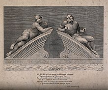 Two male figures reclining on the stone gate pillars of the Bethlem entrance, carved in Portland stone. Both figures are semi-naked. The figure on the left represents melancholic madness and looks languid and lethargic. The figure on the right, representing frenzied madness is restrained by chains and its body looks taut and muscular.