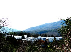 The sprawling resort complex, surrounded by mountains