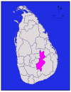 Area map of Badulla District which has its northern border near the centre of the country and extends to the south, located in the Uva Province of Sri Lanka