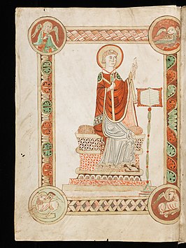 Beda scherpt zijn pen (1143/78), miniatuur in een codex met zijn homilieën over de evangelies, cod. 47, Stiftsbibliothek Abdij Engelberg