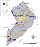 Location of Hope Township in Warren County highlighted in yellow (right). Inset map: Location of Warren County in New Jersey highlighted in black (left).