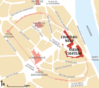 Plan du centre de Laval, montrant le château dans son contexte urbain.