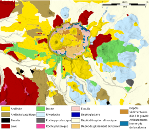 Carte des différentes roches et formations rocheuses présentes autour du volcan.