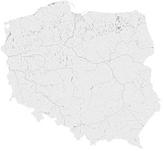 Mapa konturowa Polski, blisko centrum po prawej na dole znajduje się owalna plamka nieco zaostrzona i wystająca na lewo w swoim dolnym rogu z opisem „Jezioro Rejowskie”