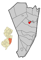 Location of Beachwood in Ocean County highlighted in red (right). Inset map: Location of Ocean County in New Jersey highlighted in orange (left).