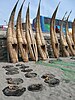 Reed boats on a beach in Peru