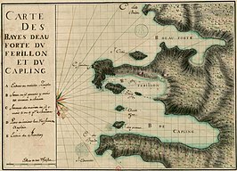 Franse landkaart uit 1694 met aanduiding van het I[sle] Bois (Bois Island) en de B[aie] du Ferillon (Ferryland Harbour). Het zuiden ligt bovenaan deze kaart.