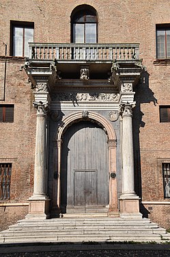 Renaissance portal and balcony, palazzo Prosperi Sacrati, Ferrara, Italy