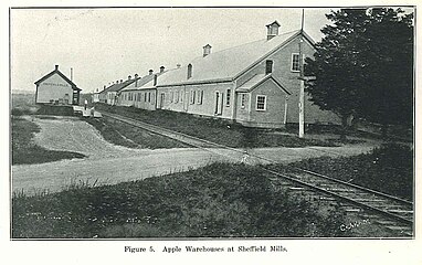 Cornwallis Valley Railway, later Dominion Atlantic Railway Dominion Atlantic Railway station and apple warehouses in Sheffield Mills, Nova Scotia.