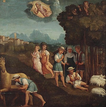 The shepherd Gyges of Plato's Republic finds the magic ring, setting up a moral dilemma. Ferrara, 16th century