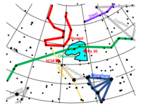 Constrains from ancient Chinese and Japanese observations of SN 1181 (cyan area) and the position of 3C 58 and Pa 30 according to Schaefer 2023[16]