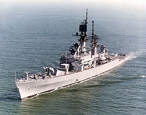 USS Leahy, port bow view departing San Diego, May 1978