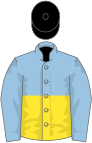 Light blue and yellow (halved horizontally), light blue sleeves, black cap