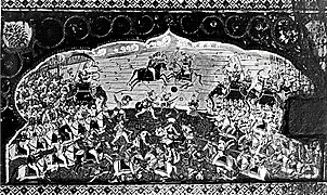 Full view of a mural depicting Akali Phula Singh atop an elephant with Sikh troops engaging hostile Afghan forces during the Battle of Nowshera, from Jammu, ca.1823–1849.jpg