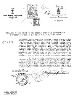 Certificado expedido pola Falanxe, a efectos de tomar parte en oposicións, 1943.