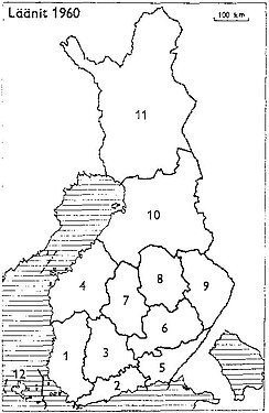 1960 1: Turku en Pori 2: Uusimaa 3: Häme 4: Vaasa 5: Kymi 6: Mikkeli 7: Centraal Finland 8: Kuopio 9: Noord Karelia 10: Oulu 11: Lapland 12: Åland