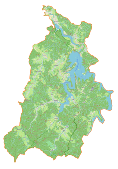 Mapa konturowa gminy Solina, w centrum znajduje się punkt z opisem „Rybne”