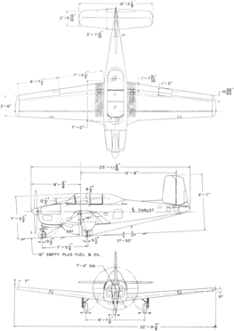 3-view line drawing of the Beechcraft T-34A Mentor