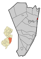 Location of Lavallette in Ocean County highlighted in red (right). Inset map: Location of Ocean County in New Jersey highlighted in orange (left).