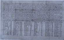 Un parchemin entièrement couvert de texte, avec une liste de noms sur six colonnes à la fin