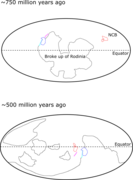 Location of Qinling belt, North and South China block at 750 and 500 Ma.png