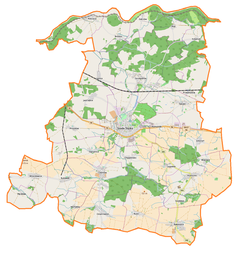 Mapa konturowa gminy Środa Śląska, w centrum znajduje się punkt z opisem „Zamek w Środzie Śląskiej”