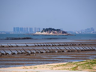 Anti-landing spikes on Lesser Kinmen (Lieyu) near Shi Islet with Xiamen (Amoy) in the background