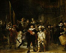 Rembrandt painting Night Watch two men striding forward with a crowd