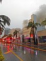 Vemar Market Fire, September 26, 2017, Washington Avenue, near 16th Street, 6:45 AM -10:30 AM. Miami Beach Fire Department engine hosing down fire. View north from Washington Avenue and 15th Street.