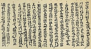 Papyrus montrant une écriture hiératique (Moyen Empire) répartie en 17 colonnes de dix à quatorze caractères chacune