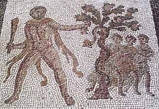 Herakles stjäl äpplena från hesperidernas trädgård. Romersk mosaik från första hälften av 200-talet e.Kr.