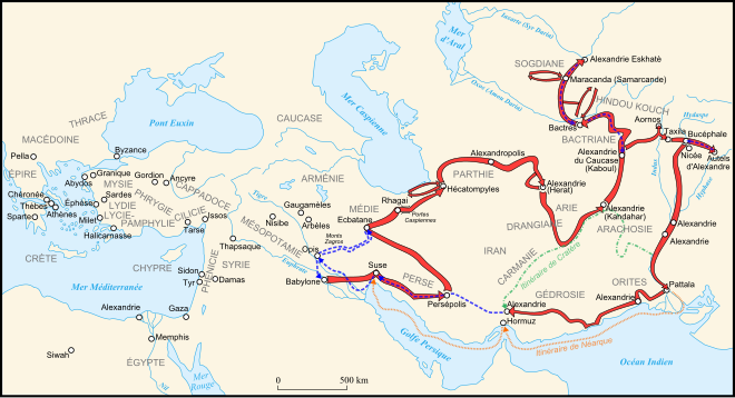 Carte de l'itinéraire d’Alexandre dans les satrapies orientales, puis le long de la vallée de l'Indus jusqu’à retour à Babylone