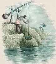 A drawing of a man raising water from a river with a bowl mounted on the end of a large rod with a counterweight on the other end