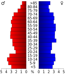 Schéma représentant la population du comté, par tranche d'âge. En rouge, à gauche, les femmes, en bleu à droite, les hommes.