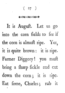 On lit sur la page : « It is August. Let us go into the corn fields to see if the corn is almost ripe. Yes, it is quite brown: it is ripe. Farmer Diggory! you must bring a sharp sickle and cut down the corn ; it is ripe. Eat some, Charles; rub it »